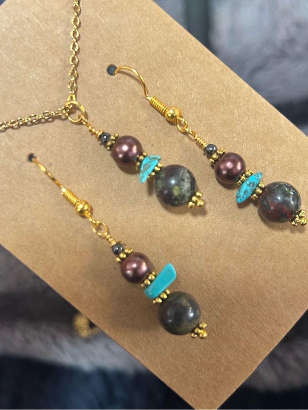 Handcrafted dragon blood Czech glass pearl turquoise necklace and earring set